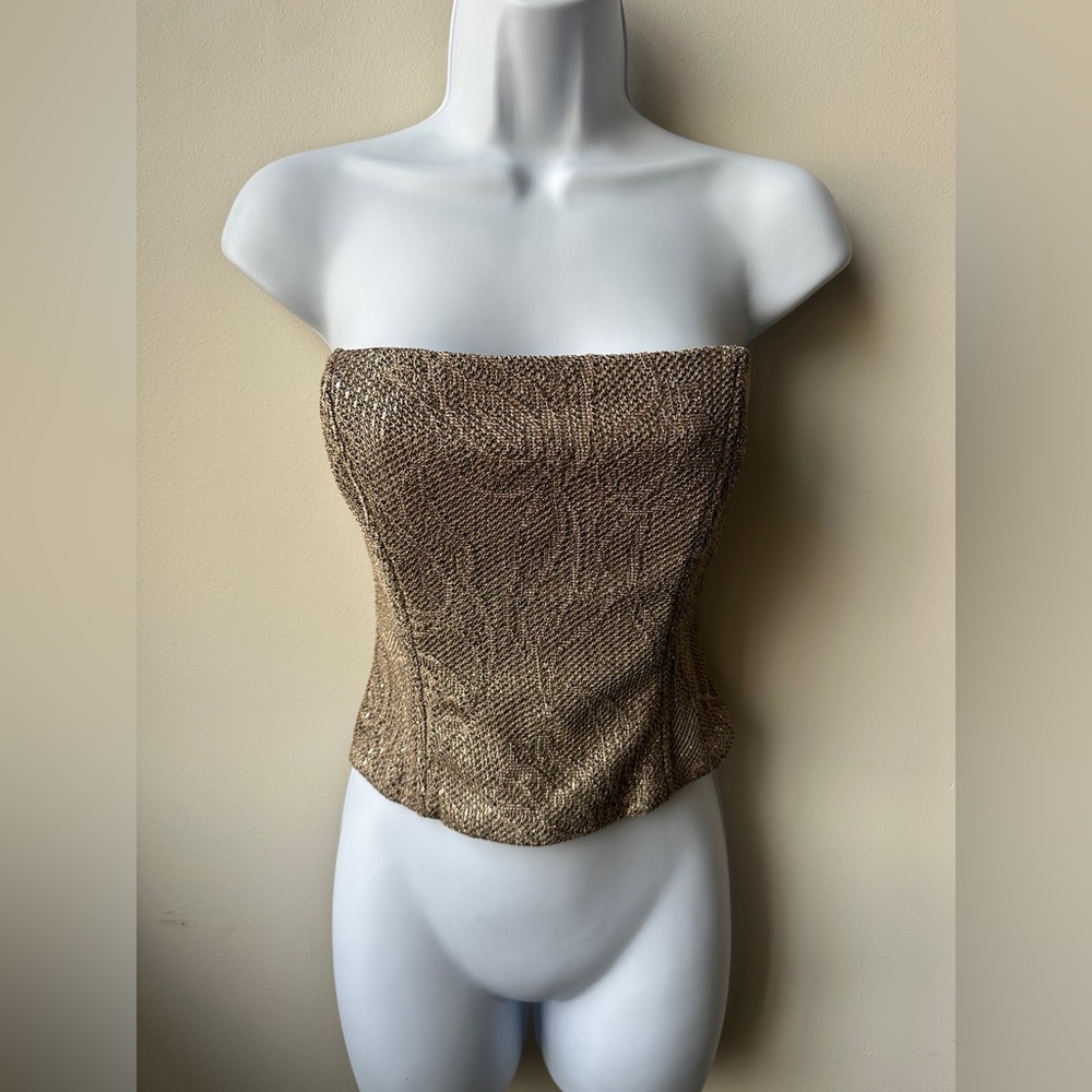 VTG Y2K Gold Metallic Strapless Corset Bustier Top Boned Party Club Clubwear, 4